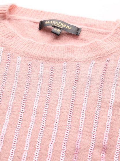 Mafadeny Women Peach Striped Pullover with Embellished Detail