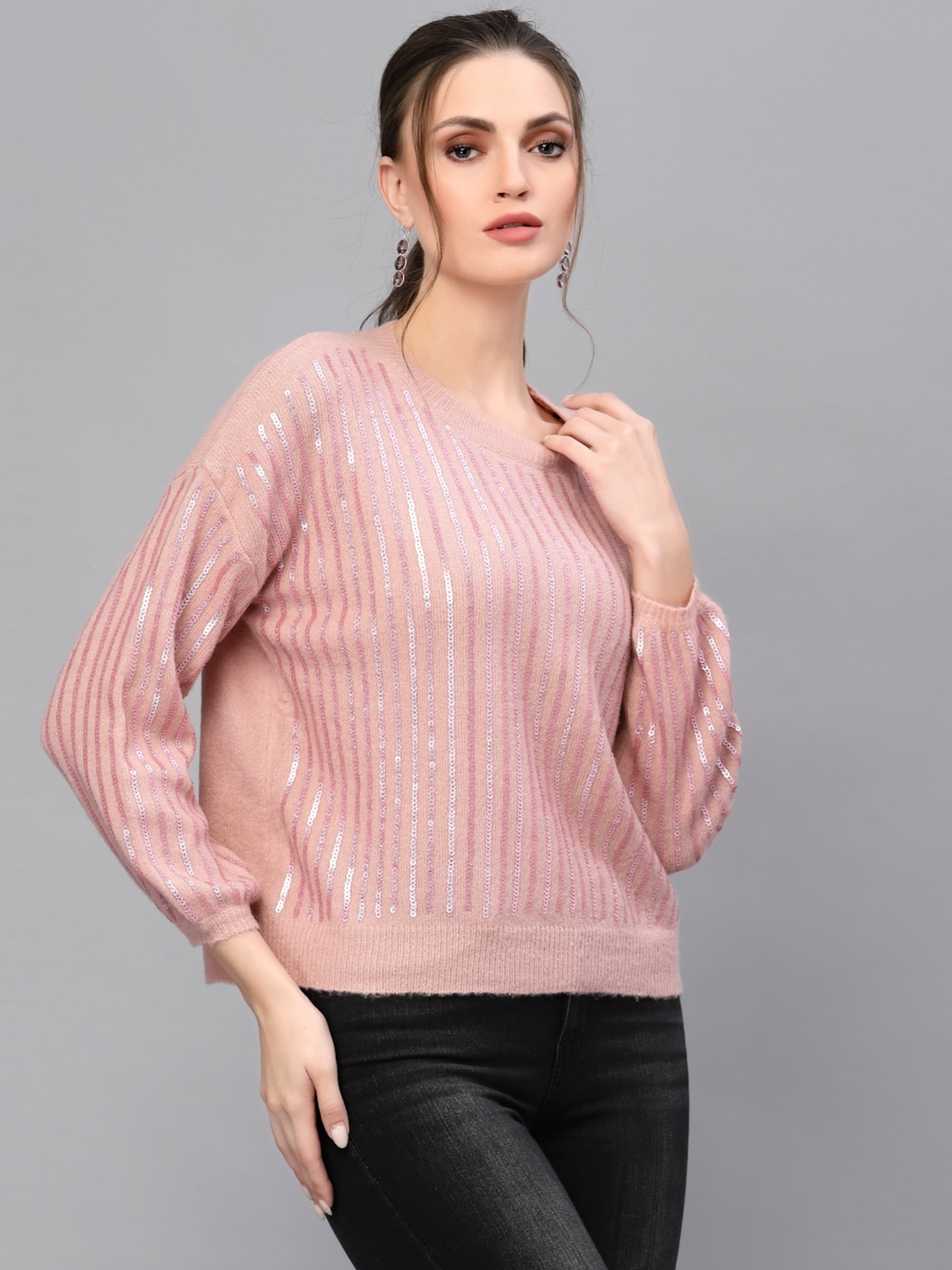 Mafadeny Women Peach Striped Pullover with Embellished Detail