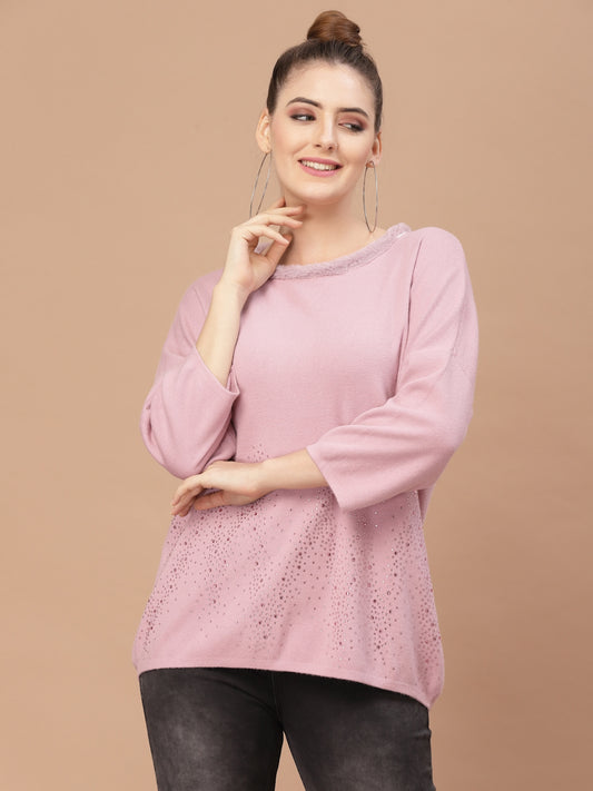 Mafadeny Women Pink Ribbed Pullover with Embellished Detail