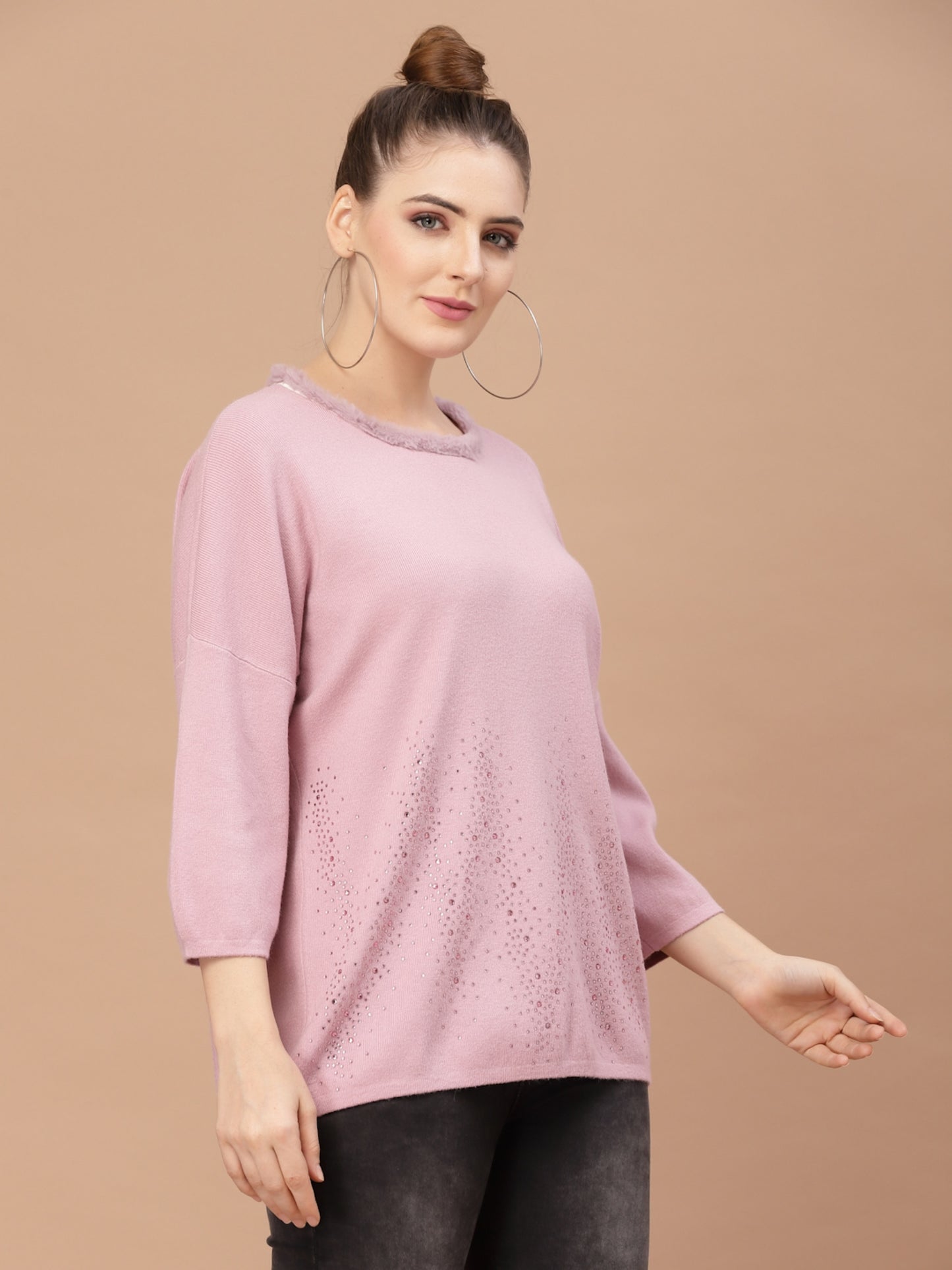 Mafadeny Women Pink Ribbed Pullover with Embellished Detail