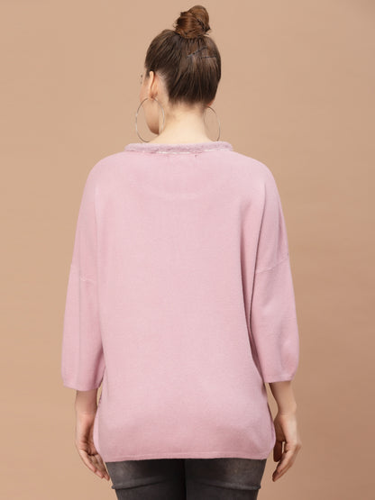 Mafadeny Women Pink Ribbed Pullover with Embellished Detail