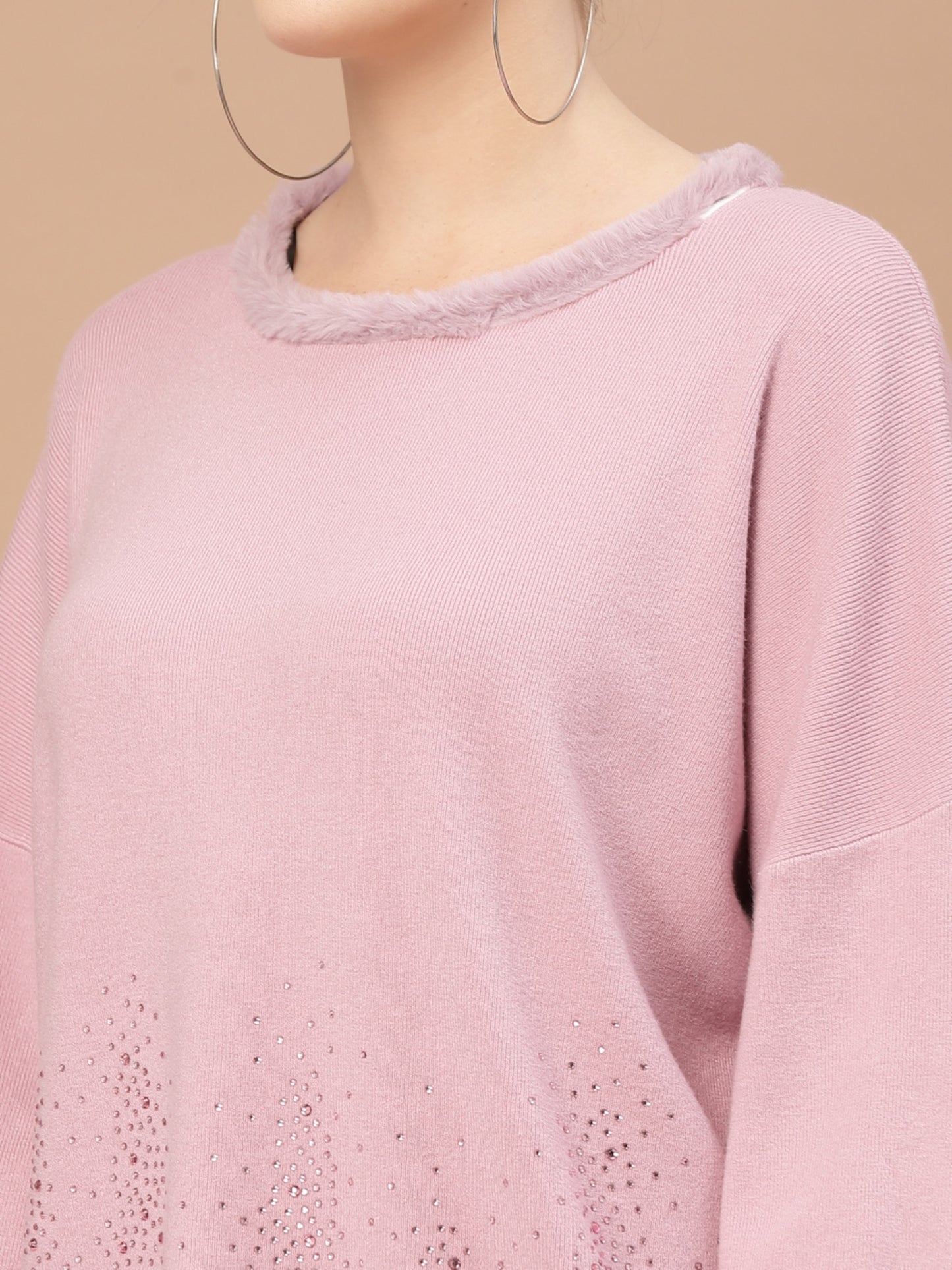 Mafadeny Women Pink Ribbed Pullover with Embellished Detail