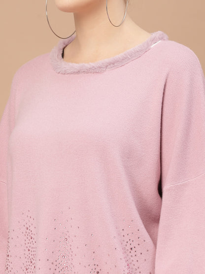 Mafadeny Women Pink Ribbed Pullover with Embellished Detail