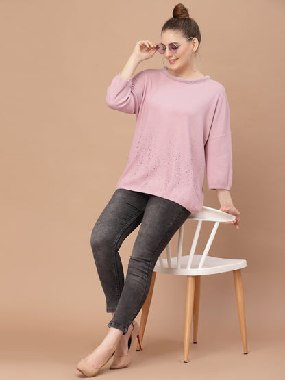 Mafadeny Women Pink Ribbed Pullover with Embellished Detail