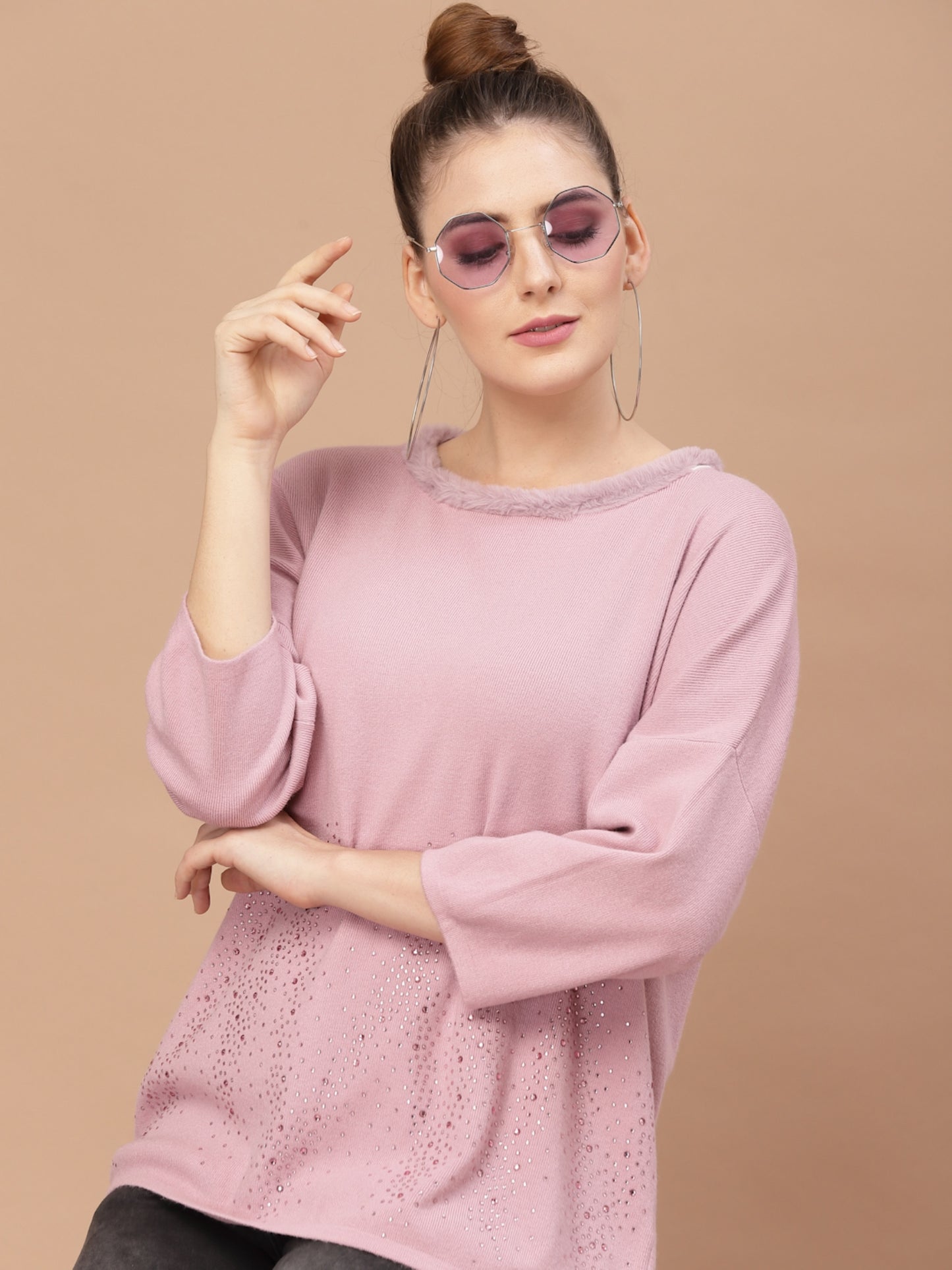 Mafadeny Women Pink Ribbed Pullover with Embellished Detail