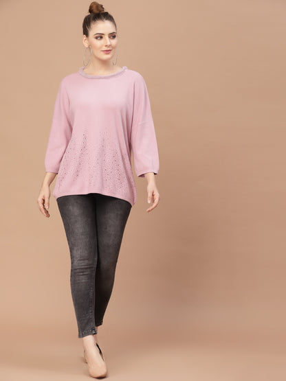 Mafadeny Women Pink Ribbed Pullover with Embellished Detail