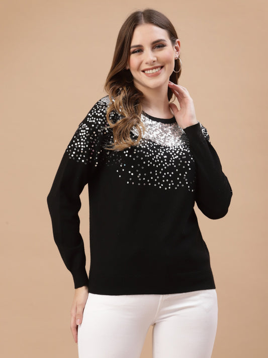 Mafadeny Women Black & White Quirky Pullover with Embellished Detail