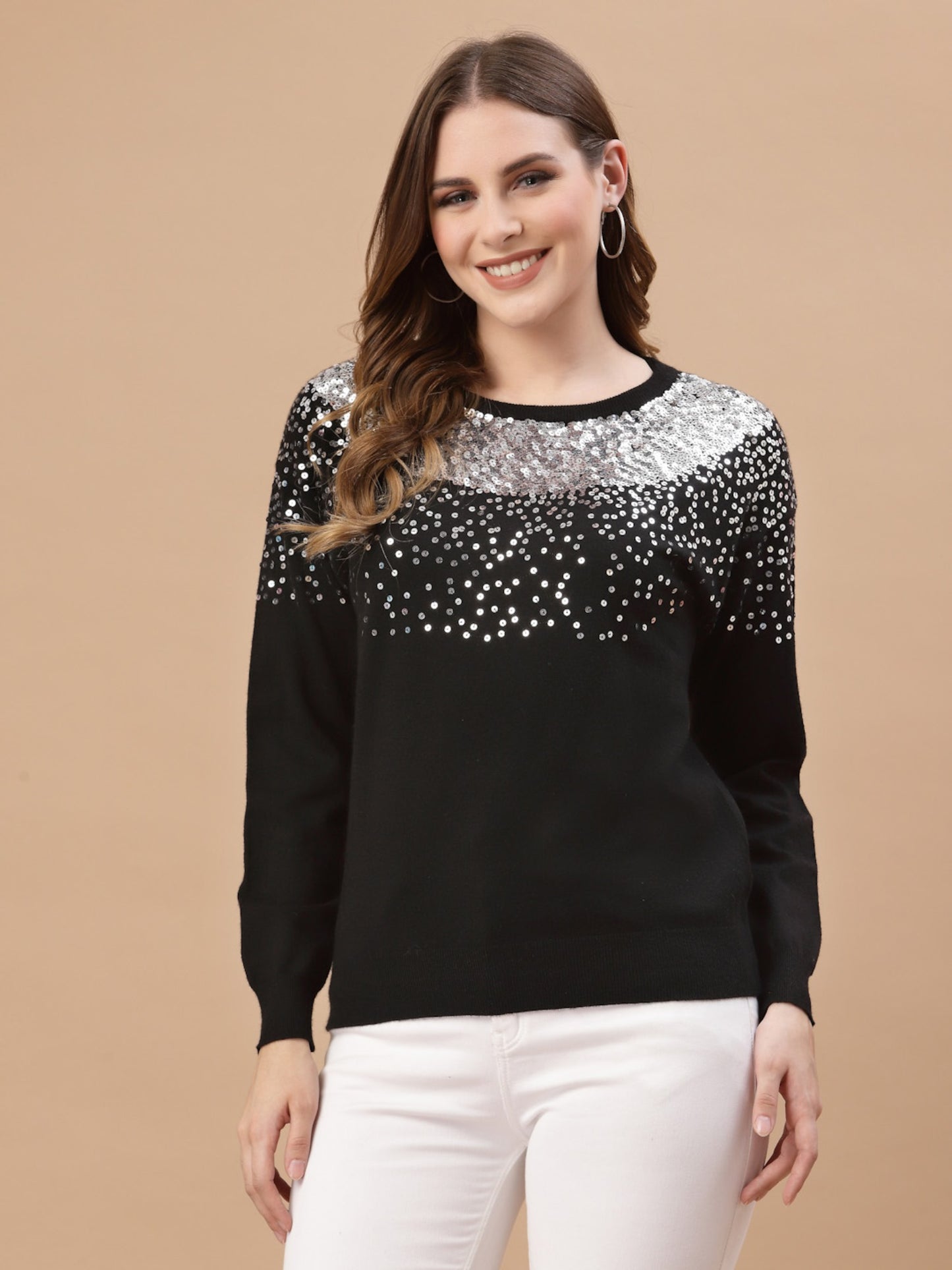 Mafadeny Women Black & White Quirky Pullover with Embellished Detail