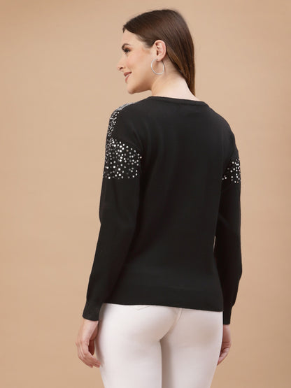 Mafadeny Women Black & White Quirky Pullover with Embellished Detail