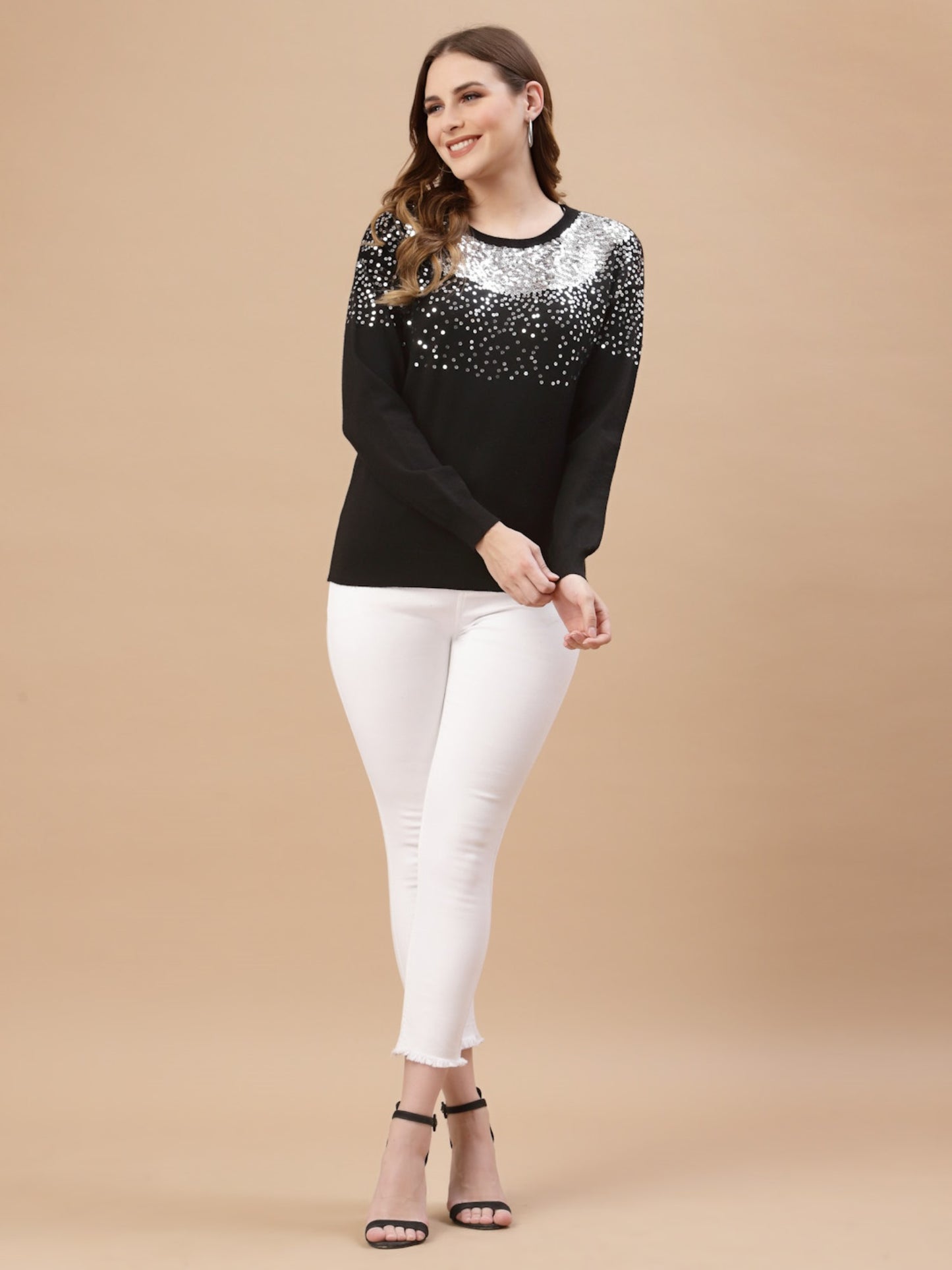 Mafadeny Women Black & White Quirky Pullover with Embellished Detail