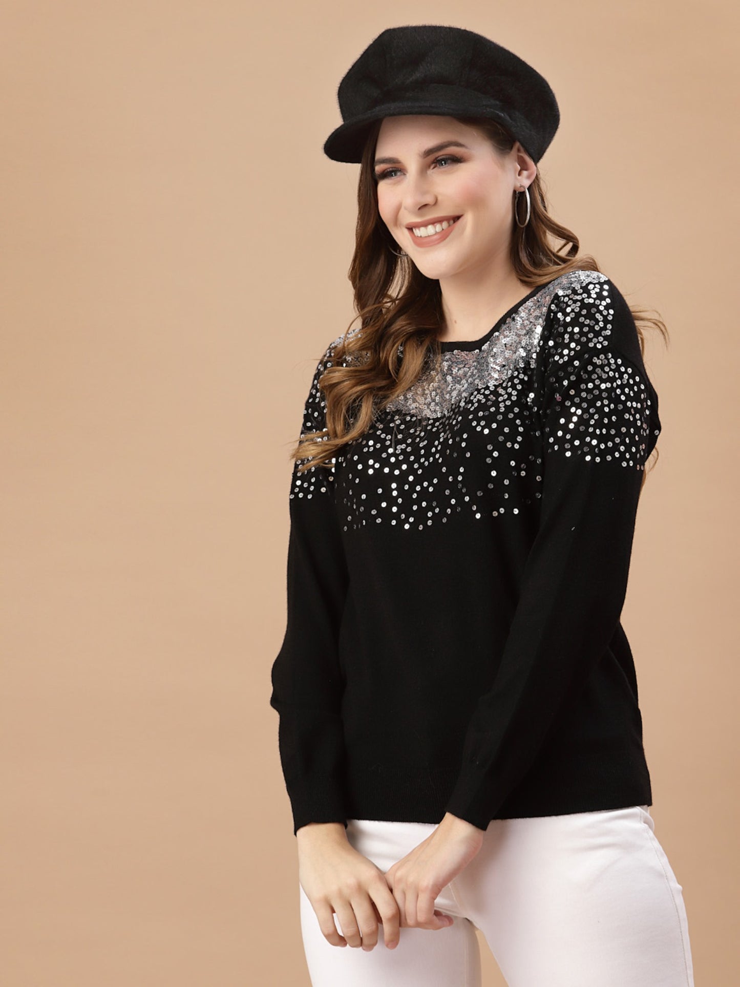 Mafadeny Women Black & White Quirky Pullover with Embellished Detail