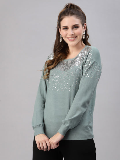 Mafadeny Women Green Quirky Pullover with Embellished Detail Sweater Tops