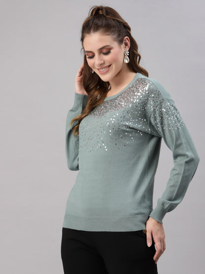 Mafadeny Women Green Quirky Pullover with Embellished Detail Sweater Tops