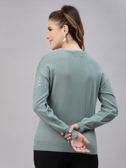 Mafadeny Women Green Quirky Pullover with Embellished Detail Sweater Tops