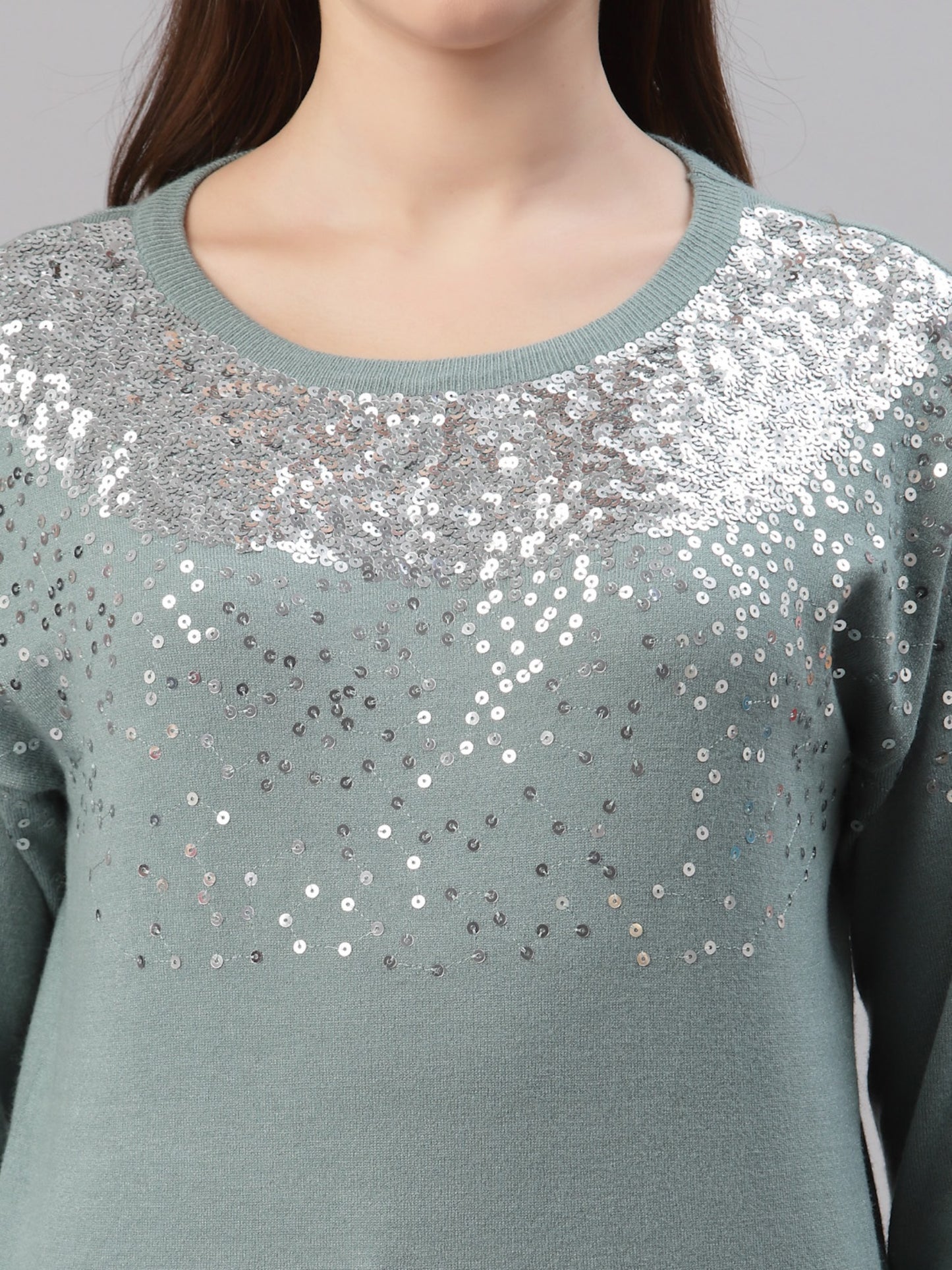 Mafadeny Women Green Quirky Pullover with Embellished Detail Sweater Tops