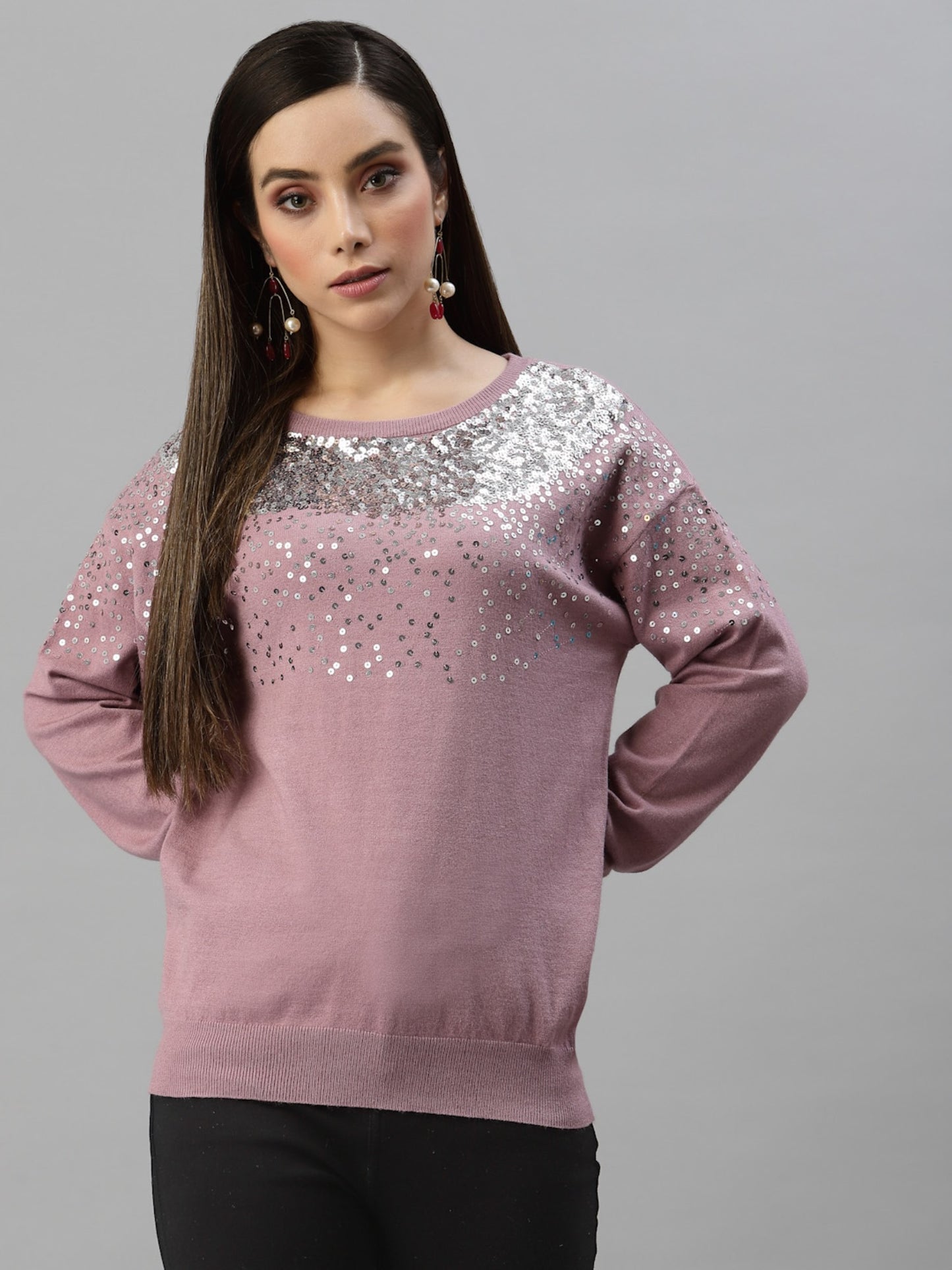 Mafadeny Women Mauve Embroidered Sweater with Embellished Detail