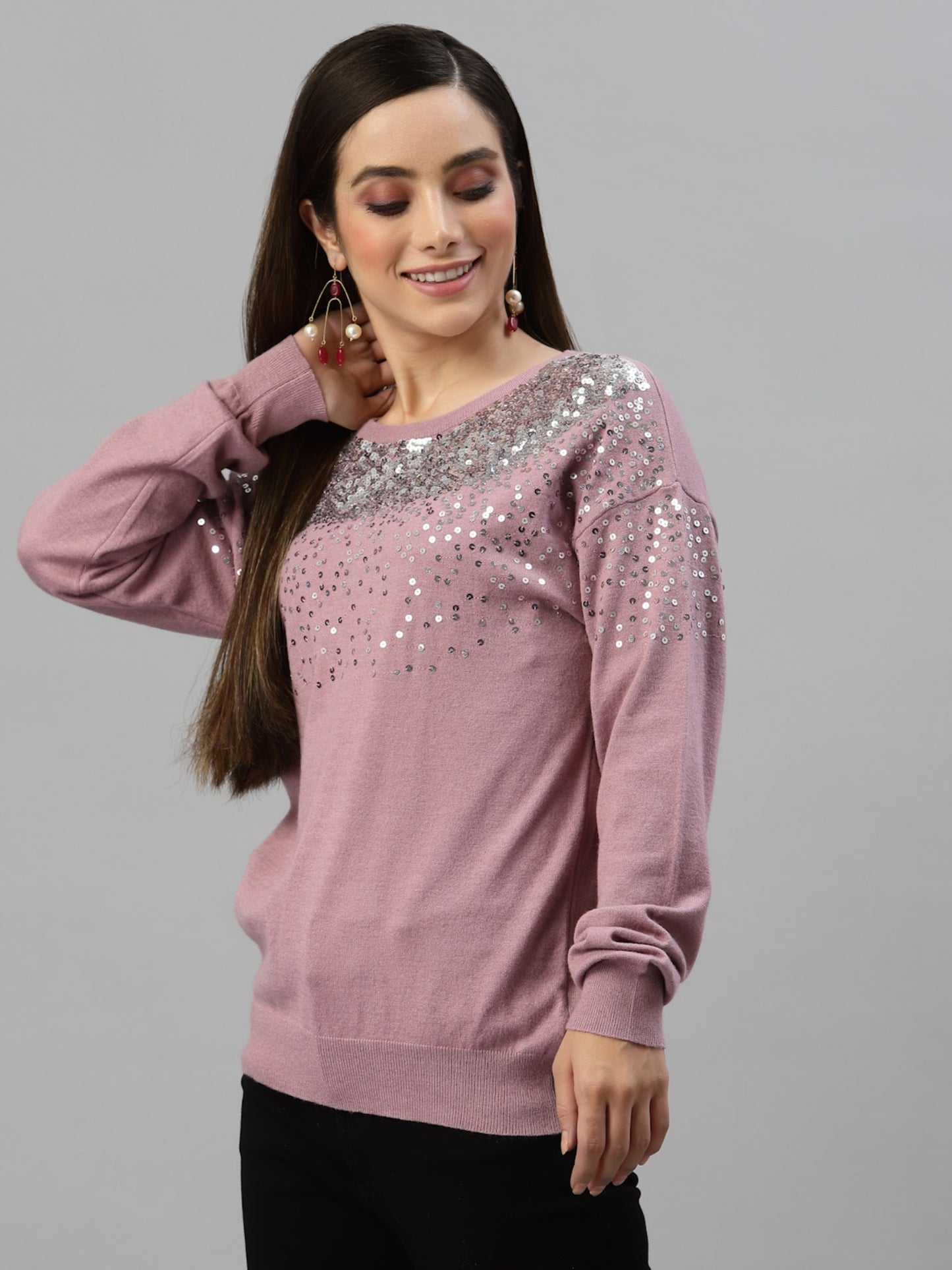 Mafadeny Women Mauve Embroidered Sweater with Embellished Detail