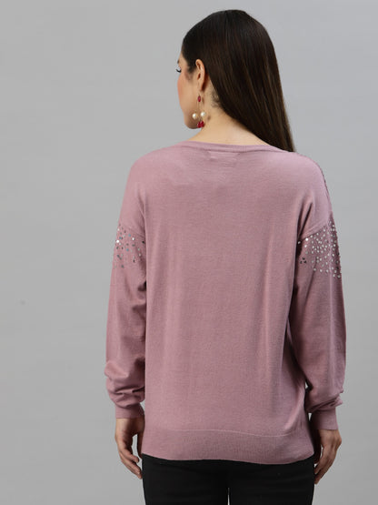 Mafadeny Women Mauve Embroidered Sweater with Embellished Detail