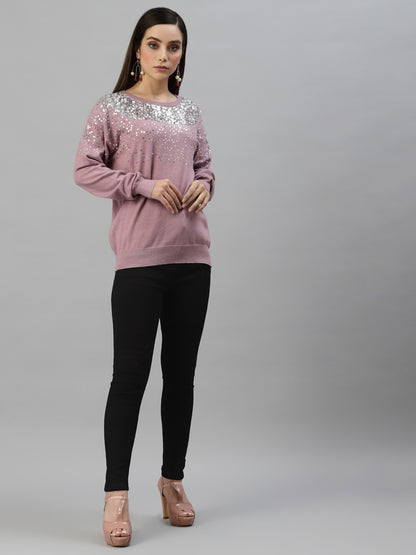 Mafadeny Women Mauve Embroidered Sweater with Embellished Detail