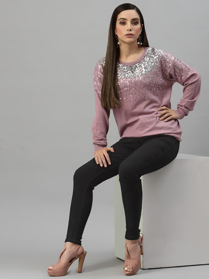 Mafadeny Women Mauve Embroidered Sweater with Embellished Detail