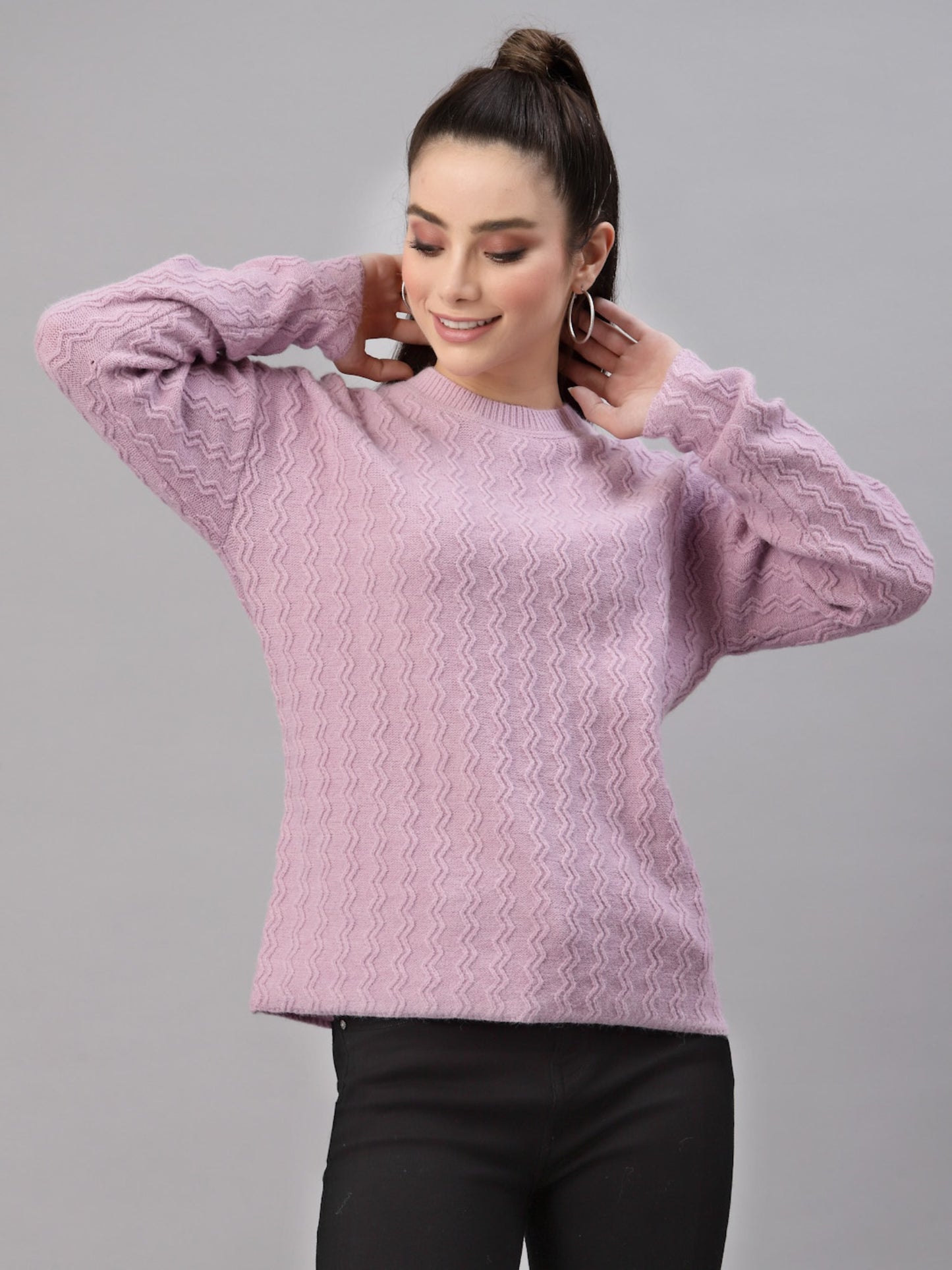 Mafadeny Women Mauve Solid Cable Knit Pullover