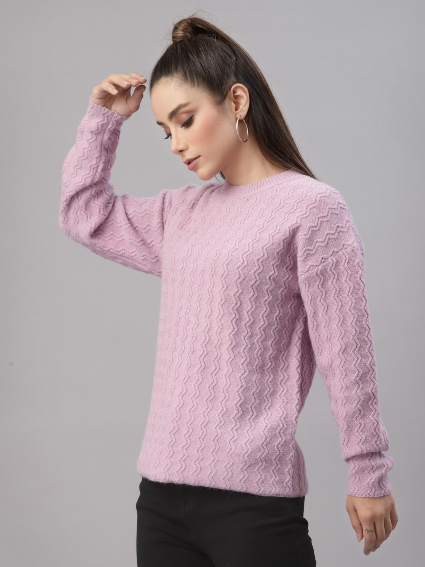 Mafadeny Women Mauve Solid Cable Knit Pullover