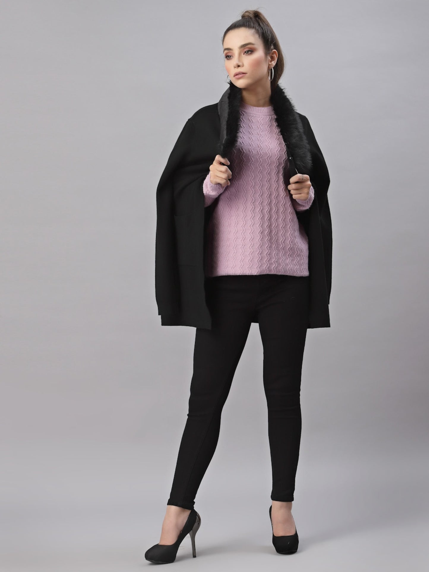 Mafadeny Women Mauve Solid Cable Knit Pullover