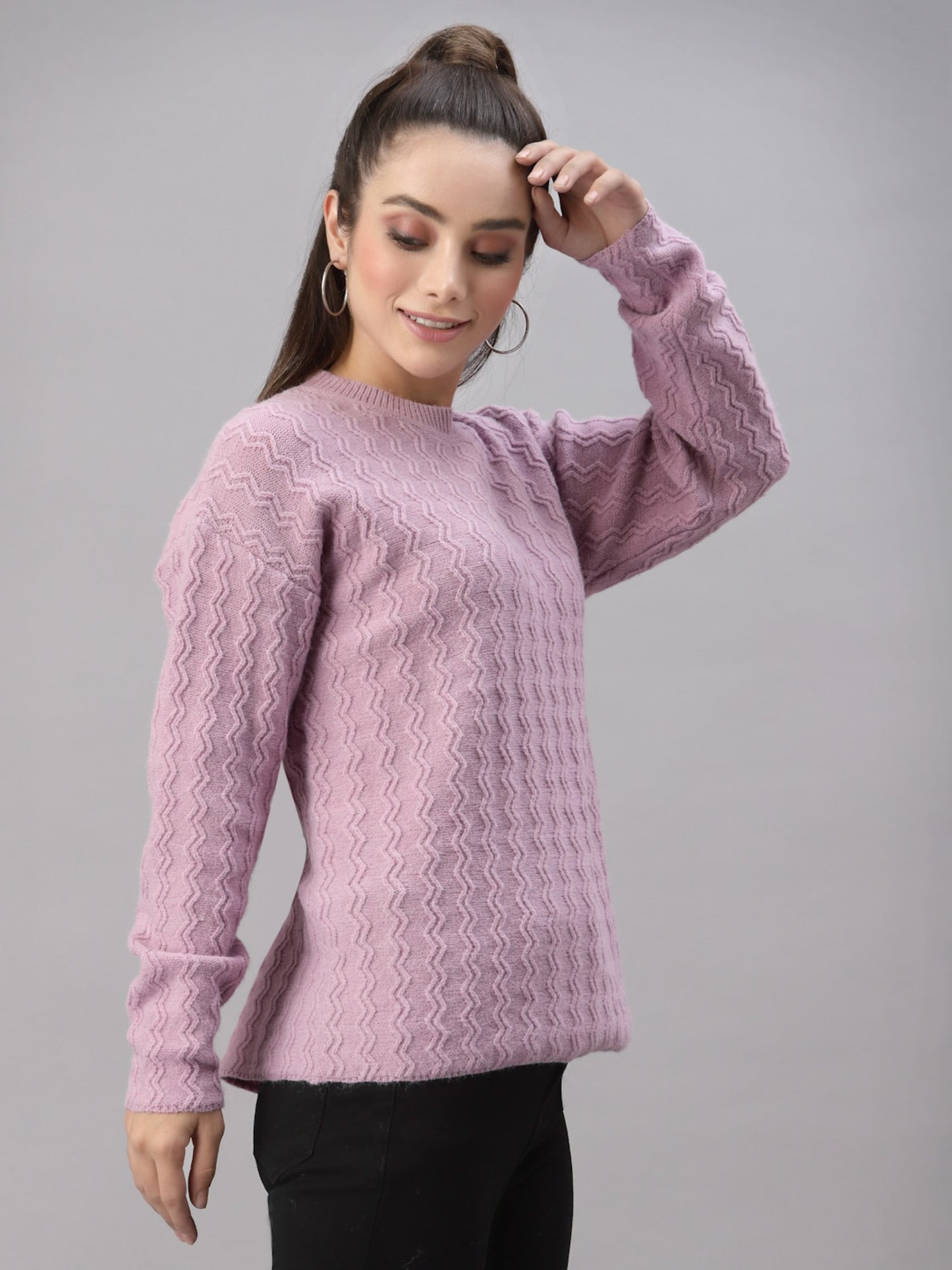 Mafadeny Women Mauve Solid Cable Knit Pullover