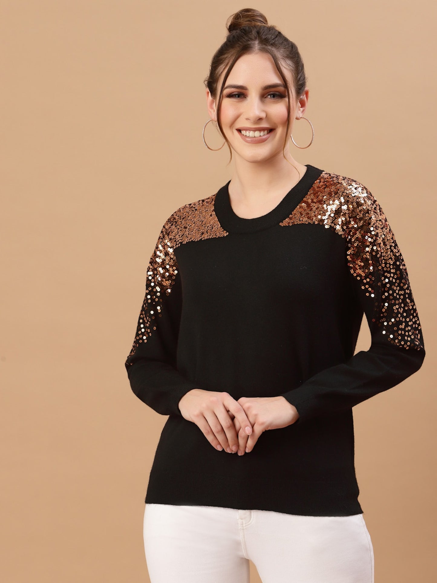 Mafadeny Women Black & Gold Sequins Embellished Pullover Sweater