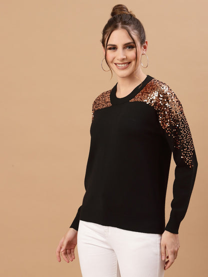 Mafadeny Women Black & Gold Sequins Embellished Pullover Sweater