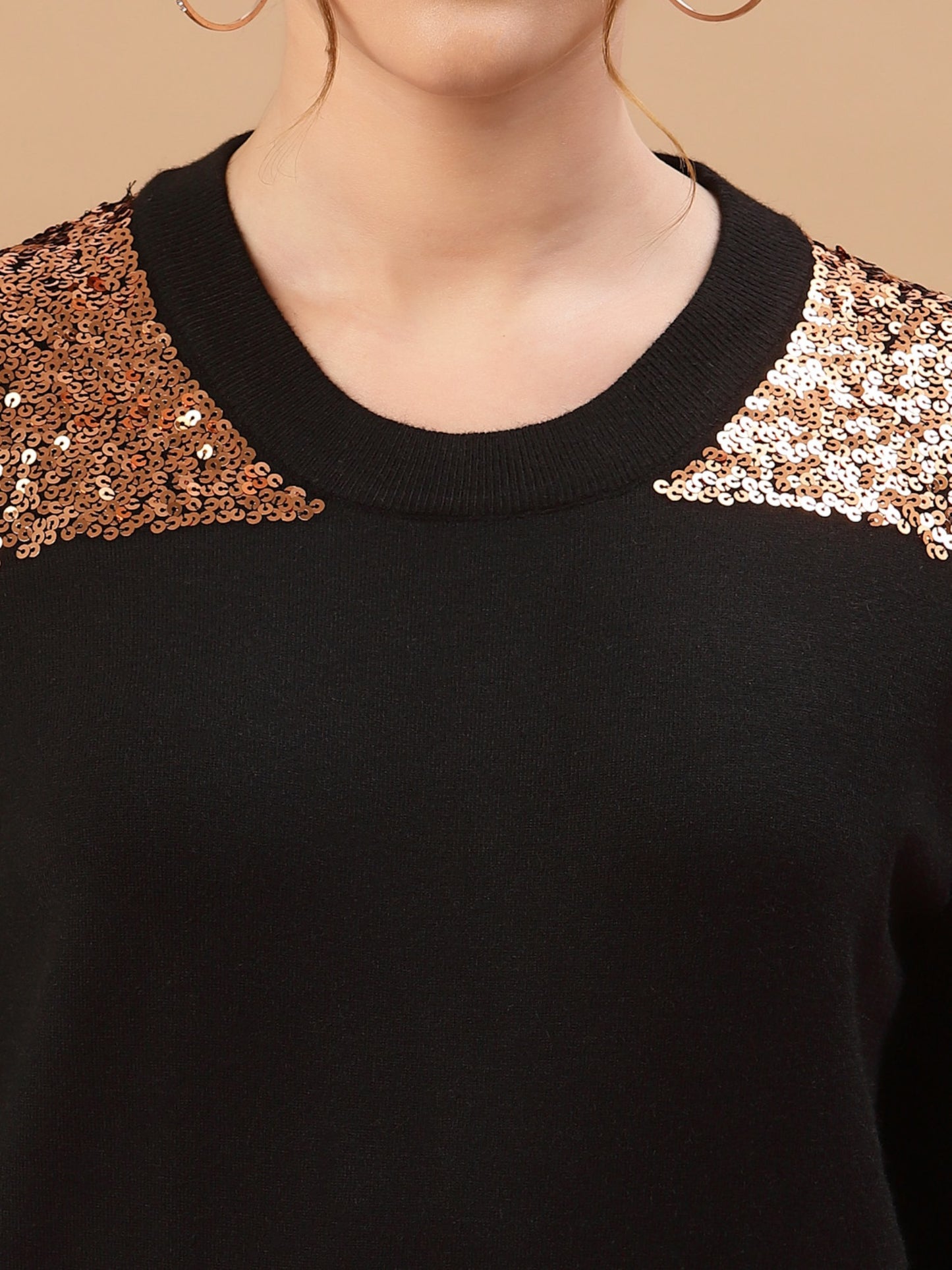 Mafadeny Women Black & Gold Sequins Embellished Pullover Sweater