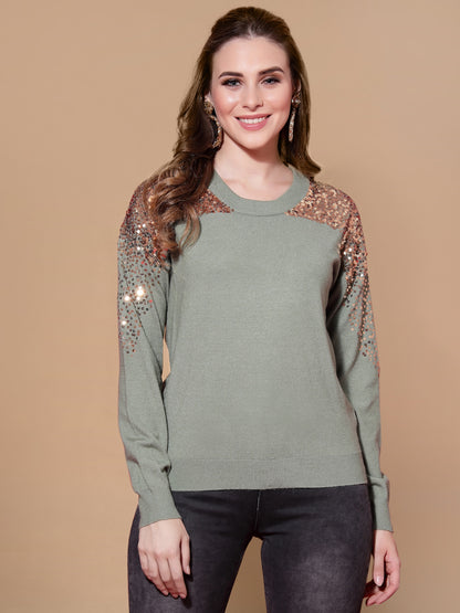 Mafadeny Women Green & Gold-Toned Quirky Pullover with Embellished Detail