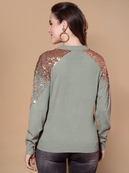 Mafadeny Women Green & Gold-Toned Quirky Pullover with Embellished Detail