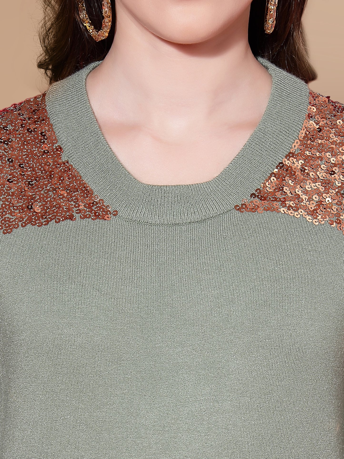 Mafadeny Women Green & Gold-Toned Quirky Pullover with Embellished Detail