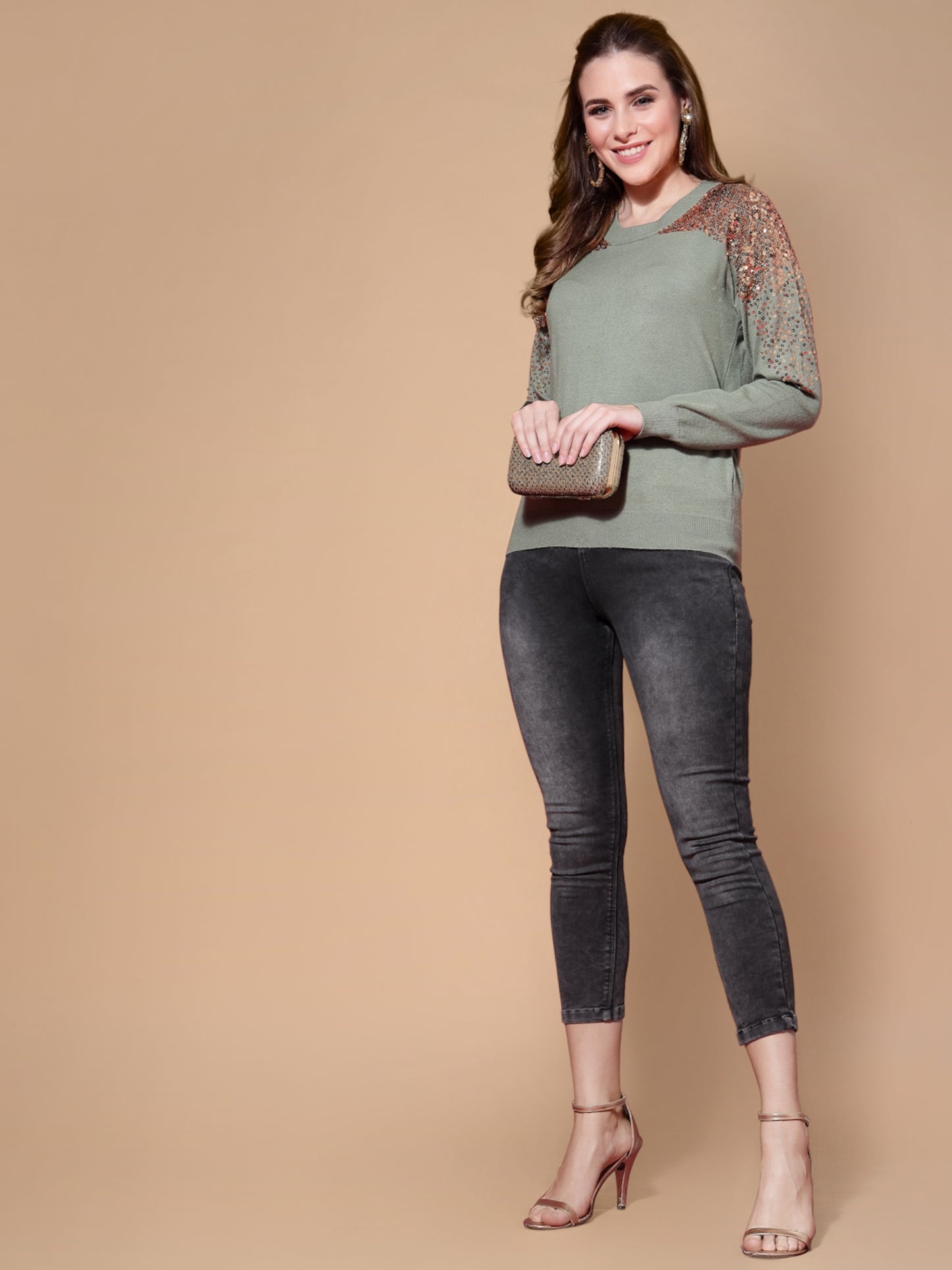 Mafadeny Women Green & Gold-Toned Quirky Pullover with Embellished Detail