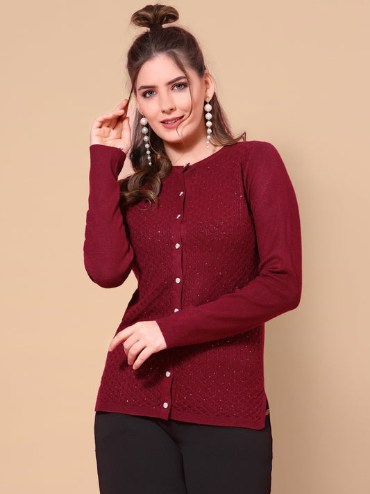 Mafadeny Women Mehroon Cardigan with Embellished Detail