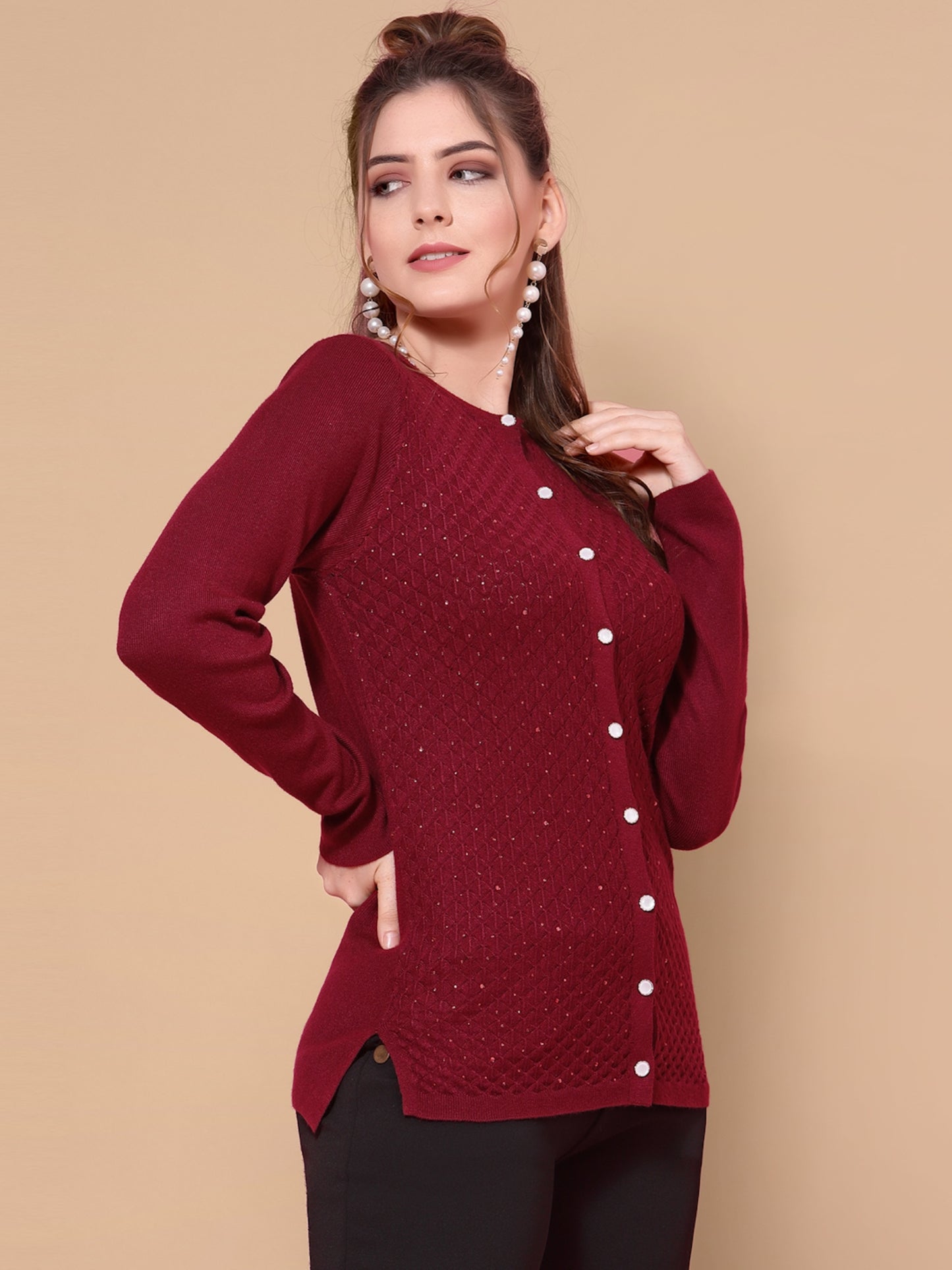 Mafadeny Women Mehroon Cardigan with Embellished Detail