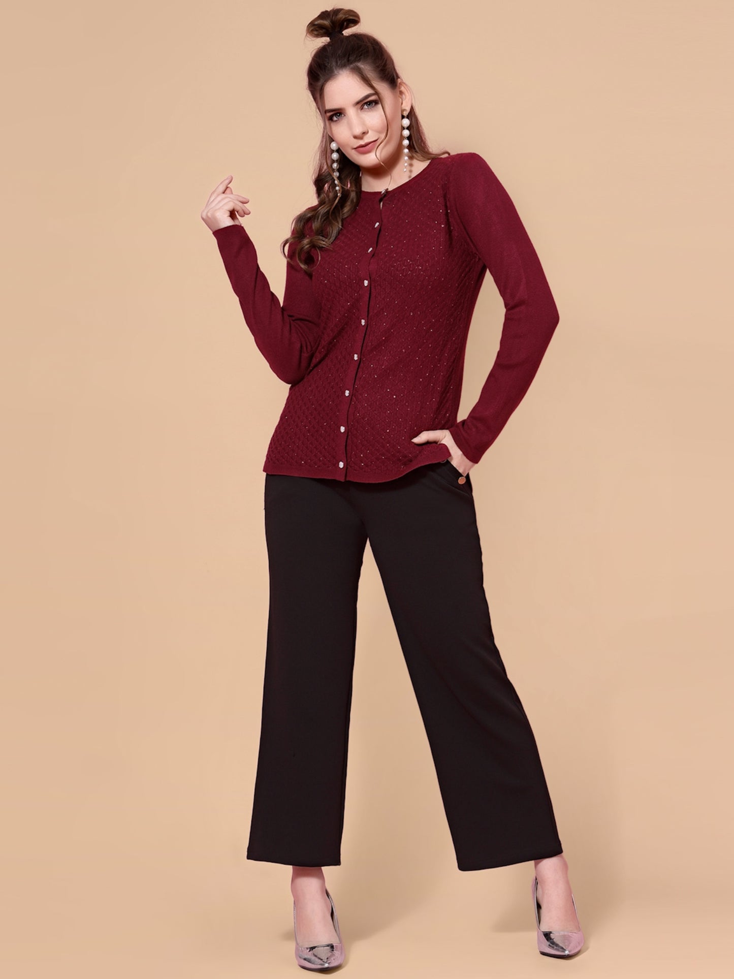 Mafadeny Women Mehroon Cardigan with Embellished Detail