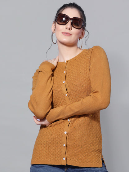 Mafadeny Women Musterd Cardigan with Embellished Detail