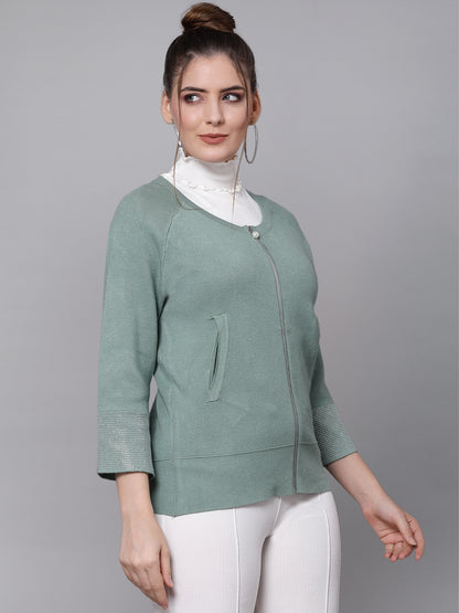 Mafadeny Women Green Cardigan with Embellished Detail