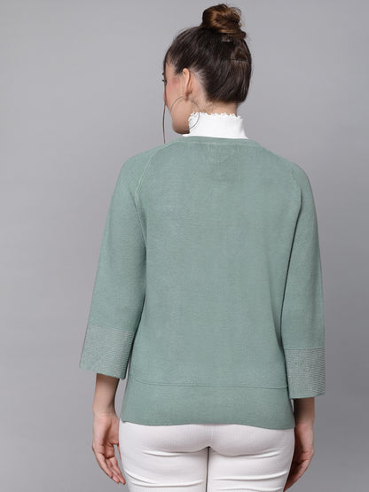 Mafadeny Women Green Cardigan with Embellished Detail