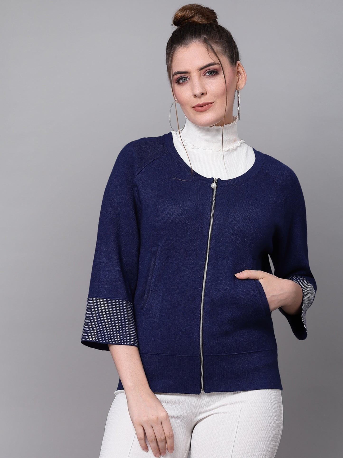 Mafadeny Women Navy Blue Cardigan with Embellished Detail