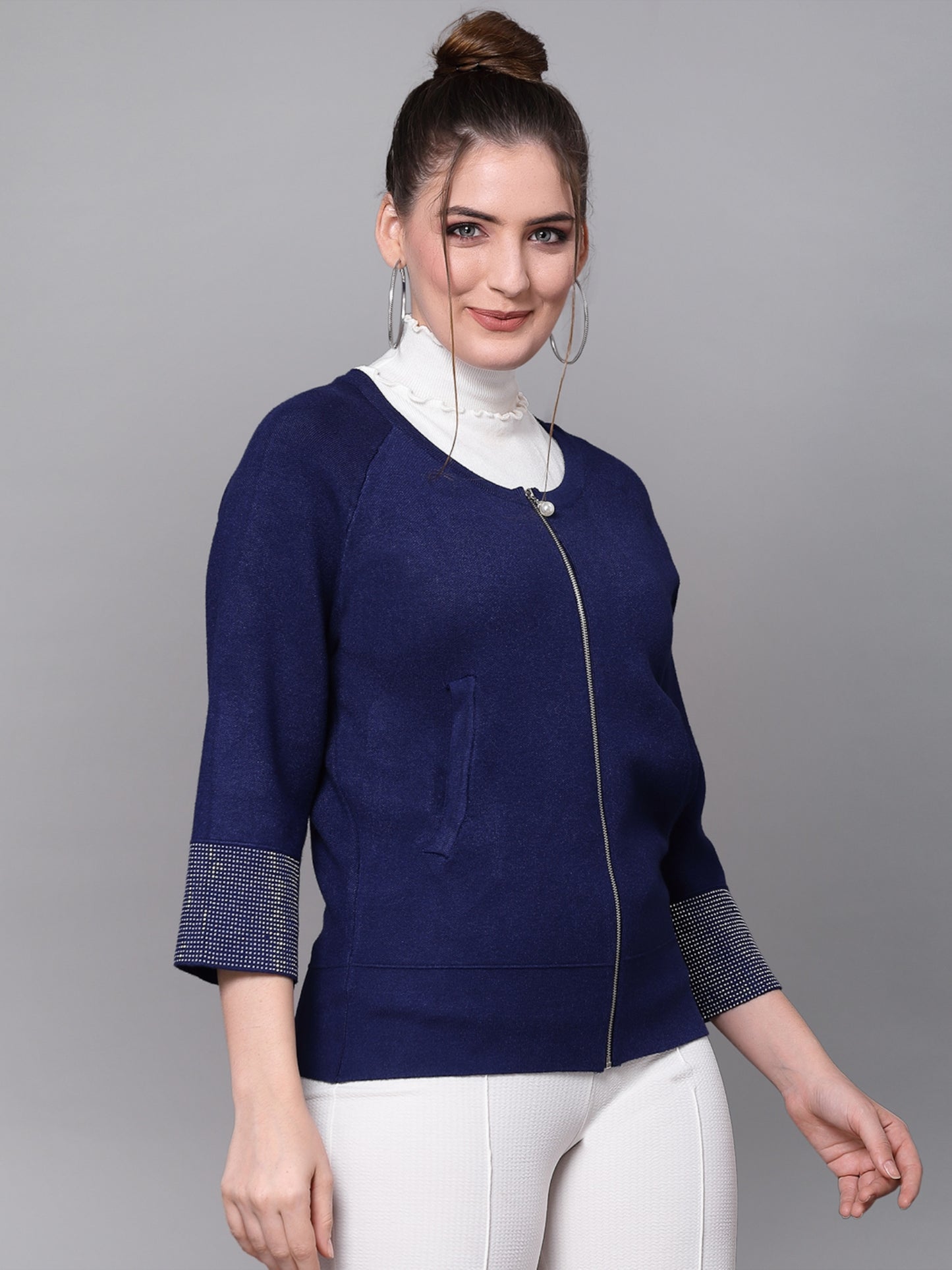 Mafadeny Women Navy Blue Cardigan with Embellished Detail