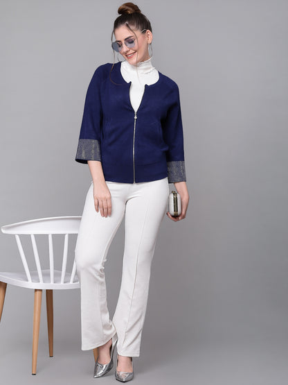 Mafadeny Women Navy Blue Cardigan with Embellished Detail