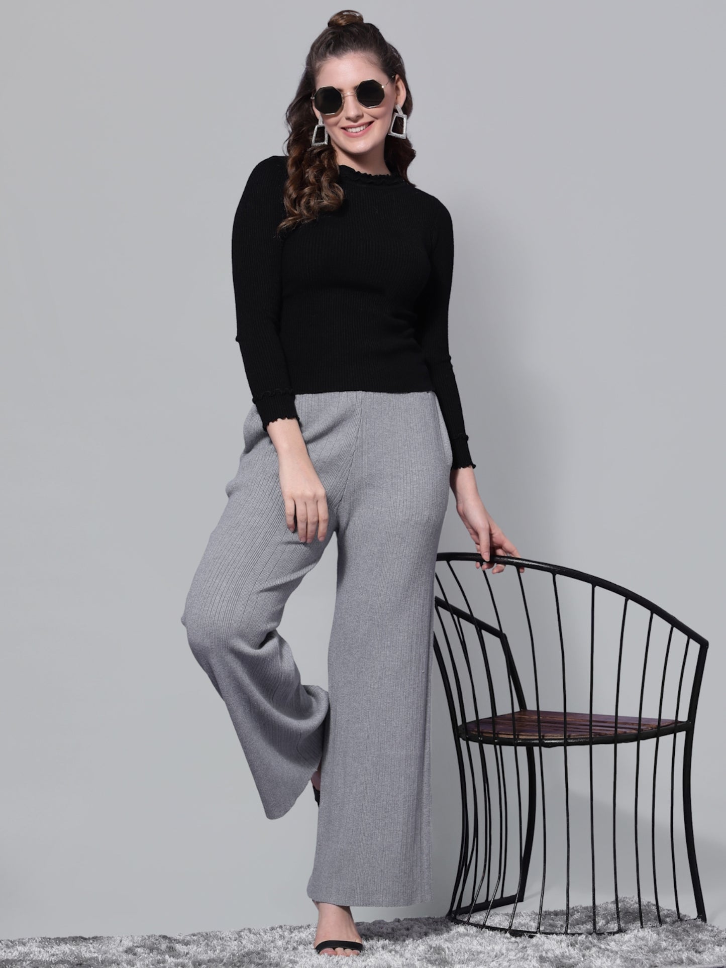 Mafadeny Women Grey Knitted Palazzos