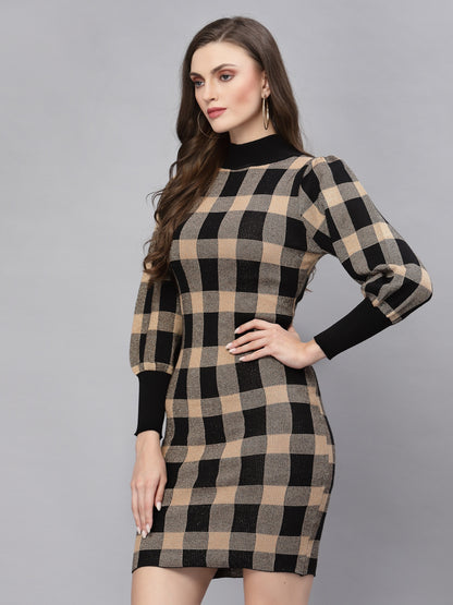 Mafadeny Black & Beige Checked Warm Sheath Dress