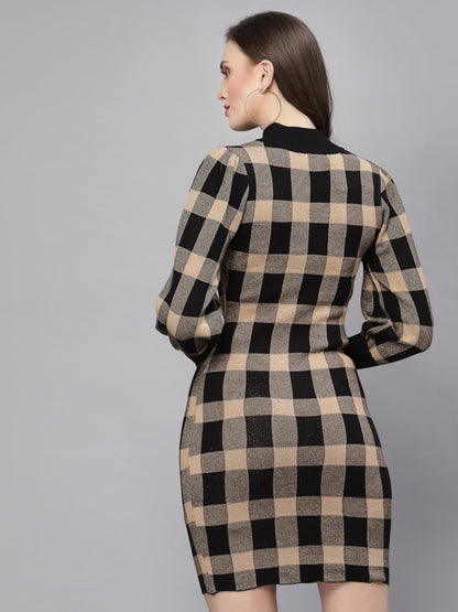 Mafadeny Black & Beige Checked Warm Sheath Dress