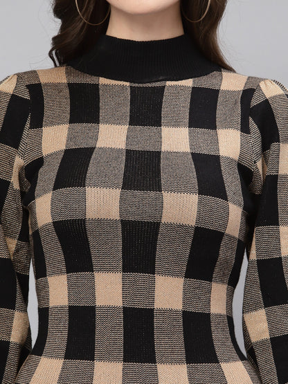 Mafadeny Black & Beige Checked Warm Sheath Dress