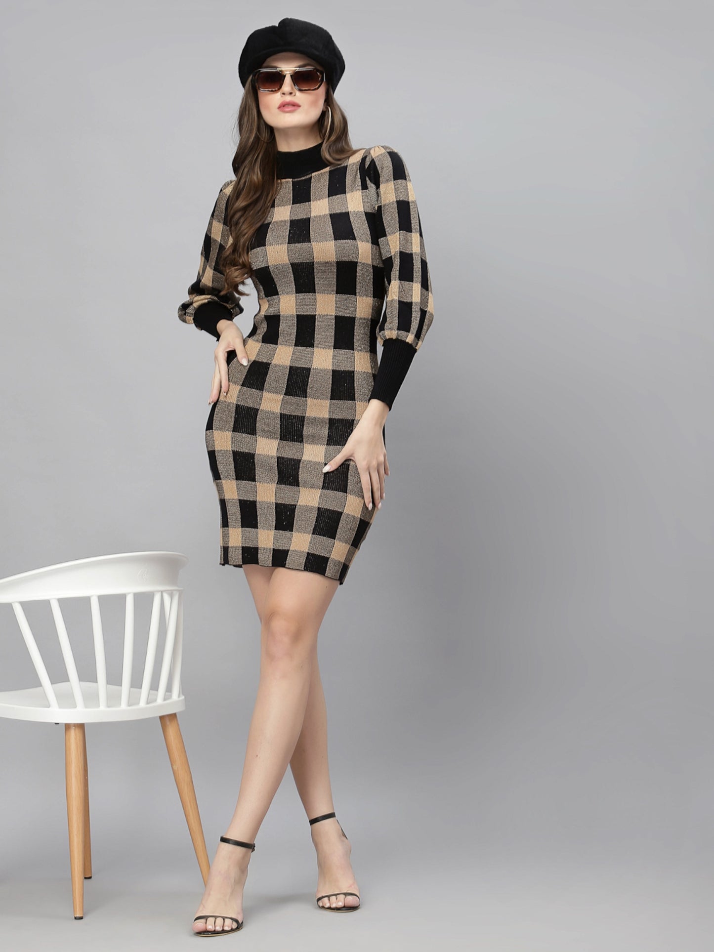 Mafadeny Black & Beige Checked Warm Sheath Dress