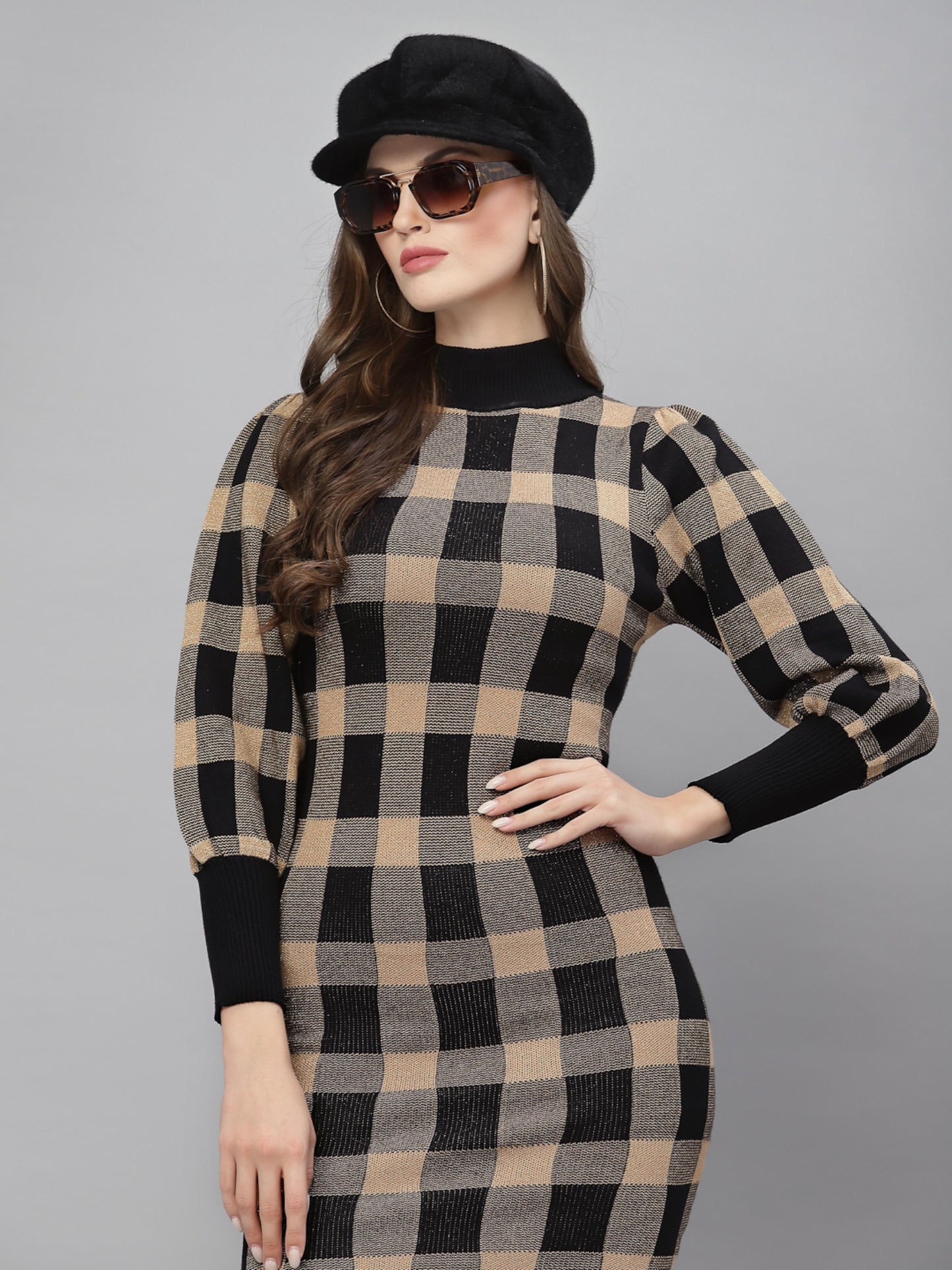 Mafadeny Black & Beige Checked Warm Sheath Dress